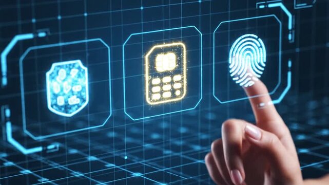 Conceptual video depicting online shopping, payment processing and digital security with finger