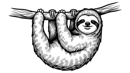 Naklejka premium Black and white line art illustration of a sloth hanging from a tree branch