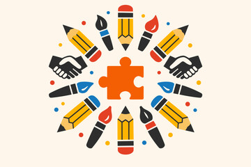 Creative collaboration symbolized by pencils, brushes, and puzzle piece