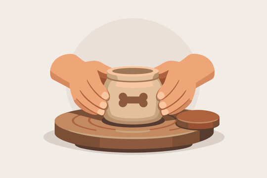 Hands crafting ceramic pot with bone design on pottery wheel