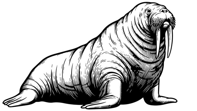 Black and white illustration of a walrus with prominent tusks