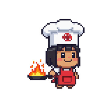pixel art cute fire chef hero character with chibi style for 2d games, rpg assets, mobile games, and retro fantasy visuals
