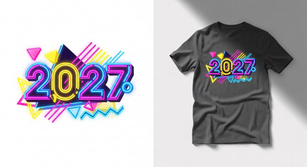 Retro neon sign with 2027 number and geometric shapes for new year's eve party vibrant design
