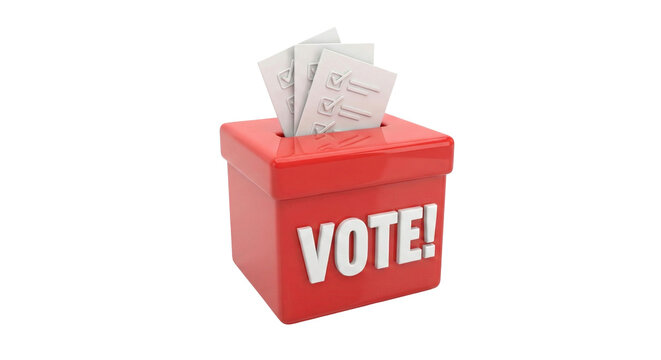 3D Red Ballot Box with 'VOTE!' Text and Checked Ballot Papers, Symbolizing Elections, Democracy, and Political Participation, isolated on transparent background