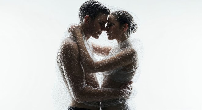 A young man and woman, intimately embraced while enveloped in clear bubble wrap, stand against a bright white background, symbolizing fragile connection and protection in relationships.