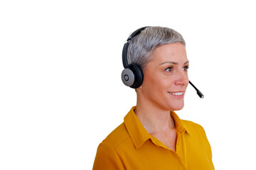 Customer support specialist wearing headset, smiling, providing helpful service while...