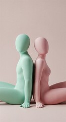 Two minimalist mannequin-like figures, one mint green and one pale pink, sit back-to-back on a neutral background, symbolizing connection and individuality.