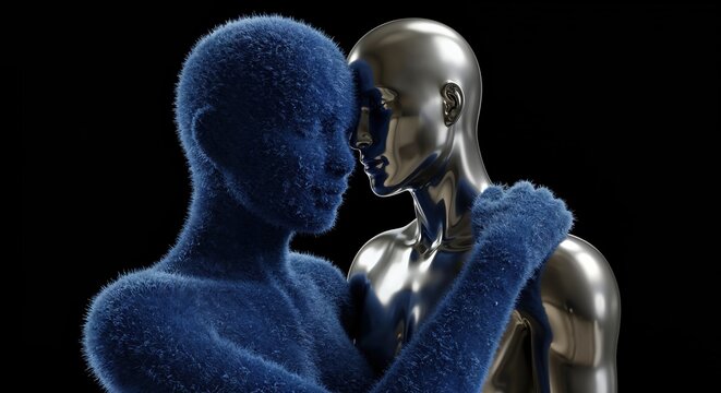 A textured blue fuzzy humanoid figure gently embraces a sleek silver metallic companion on a stark black background, symbolizing connection and contrasting identities.