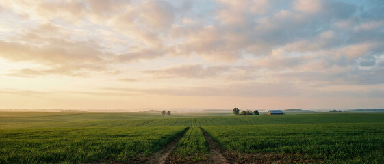 Expansive farmland landscape with green fields and cloudy sky at sunset  