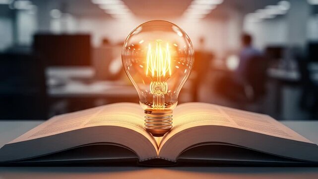 Glowing light bulb on an open book in a modern office setting, symbolizing innovative ideas and business concepts