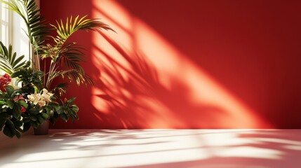 Plantted plant with viintimate apparelnt flowers and lush green leaves near red wall with sunlight shadows