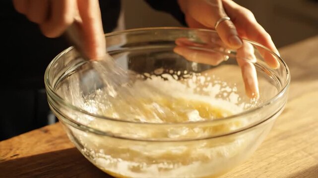 Hands whisking ingredients in a glass bowl for baking or cooking
