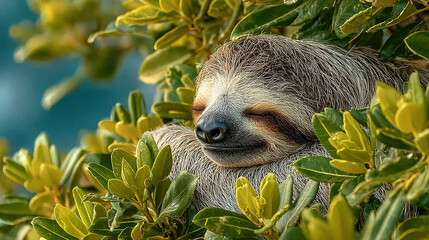 Obraz premium A sloth resting peacefully amidst lush green foliage.