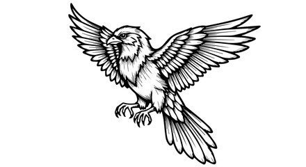 Fototapeta premium Black and white line drawing of a hawk in mid-flight with detailed feather texture