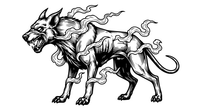 Mythical wolf-like creature in aggressive stance, black and white illustration