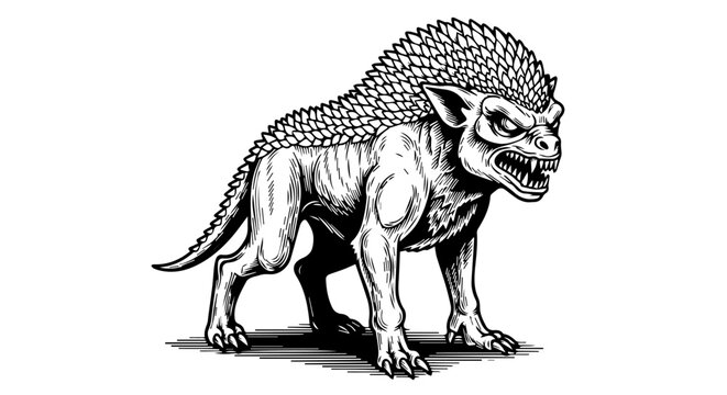 Black and white illustration of a mythical wolf-like creature with a fierce expression and dynamic pose