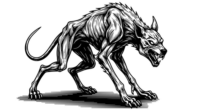 Black and white illustration of a fierce wolf-like predator in a crouched stance