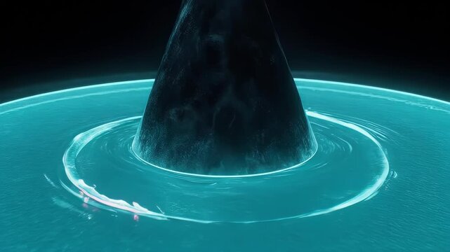 A dark, conical structure emerges from the reflective blue water