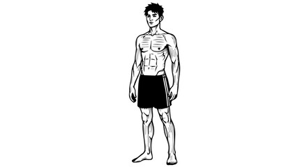 Obraz premium High-contrast black-and-white line drawing of a muscular male figure with defined abdominal muscles and pectorals