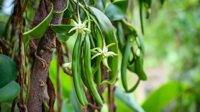 vanilla beans and flowers on vanilla plant on tree	
