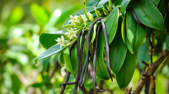 vanilla beans and flowers on vanilla plant on tree	
