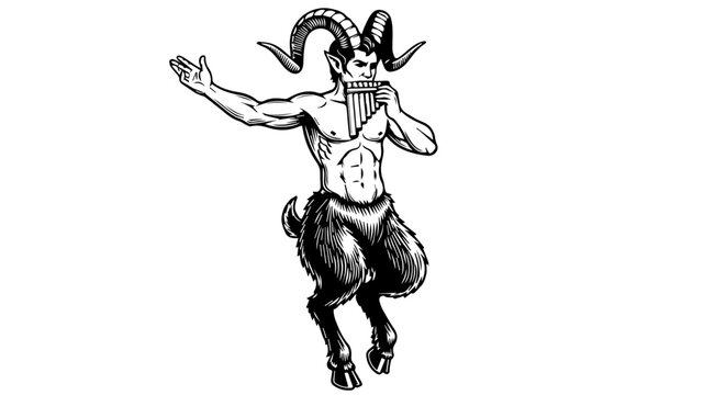 Black and white illustration of a mythical satyr with human torso and goat-like legs in a dynamic pose