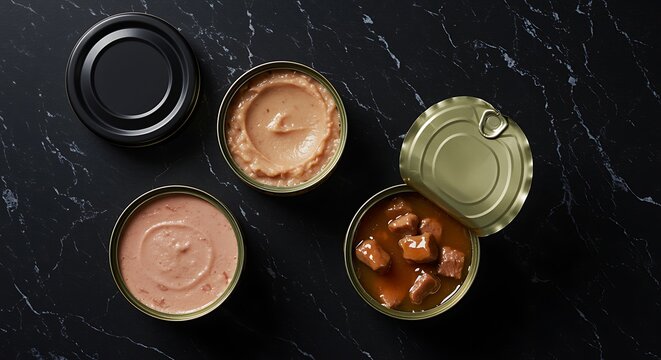 Opened Cans of Peanut Butter and Meat on Black Marble Surface meat chunks tin cans