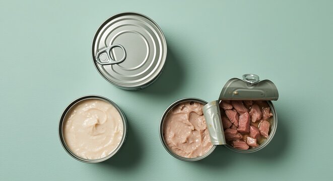 Three open cans of food with different contents on a light blue surface canned food tuna chicken