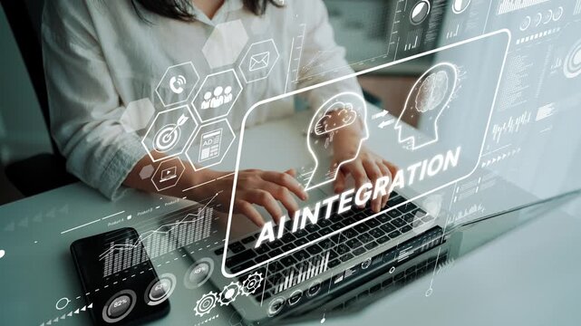 Hands of a Professional Typing on Laptop with AI Integration Concept in Modern Workspace. Asymptotic smart data analytic.