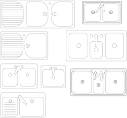 Vector collection of various kitchen sink designs in top view, featuring single and double basins with drainboards, perfect for architectural floor plans and kitchen layouts. © Riki