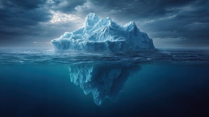 Business intelligence iceberg showing hidden data layers, surreal illustration, cold blue palette, matte digital art.