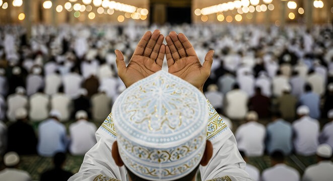 Man in prayer at a crowded mosque during islamic event