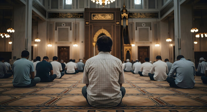 Muslims in prayer at mosque interior