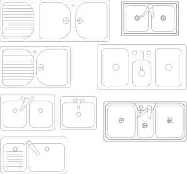 Vector collection of various kitchen sink designs in top view, featuring single and double basins with drainboards, perfect for architectural floor plans and kitchen layouts.