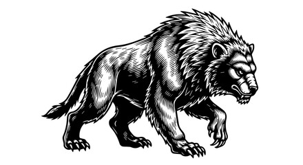 Obraz premium Black and white illustration of a powerful bear in a dynamic three-quarter pose