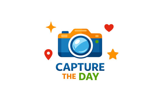Vibrant camera icon with stars and hearts highlighting capture the day theme