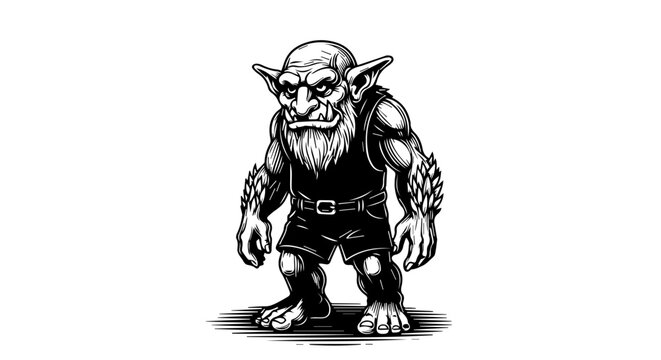 Mythical warrior with pointed ears, long beard, and weapons in battle-ready stance