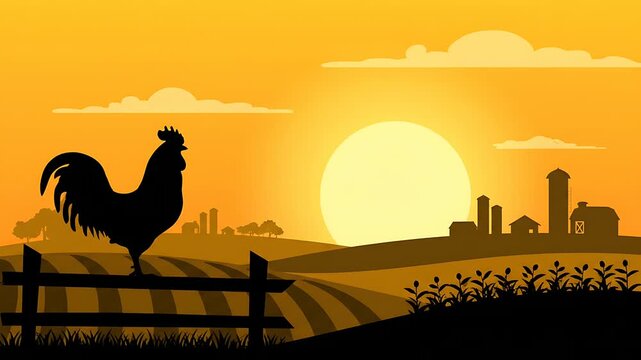 Cartoon Rooster Silhouette on Farm Fence at Vibrant Sunset