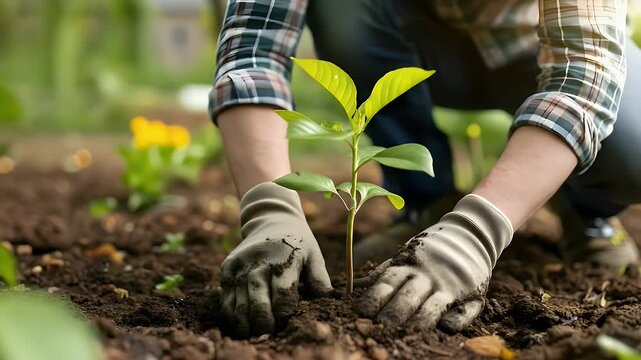 A person in a plaid shirt and gloves gently plants a small green sapling in a garden bed, surrounded by soil and other plants, conveying a sense of growth and care for nature.