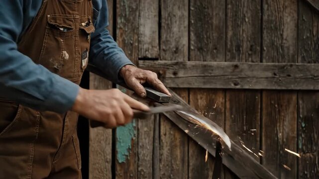 Close-up of a craftsman sharpening a large blade with a stone, sparks flying