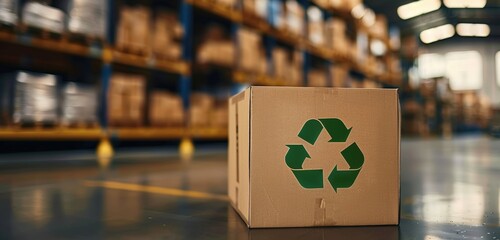 A cardboard box with a recycling symbol is prominently displayed in a warehouse filled with stacked boxes.