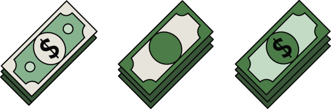 Three stacks of dollar bills with different green hues  isolated on white background