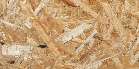 A close-up view of oriented strand board (OSB), showcasing various wood strands and textures, highlighting its natural appearance and construction utility.