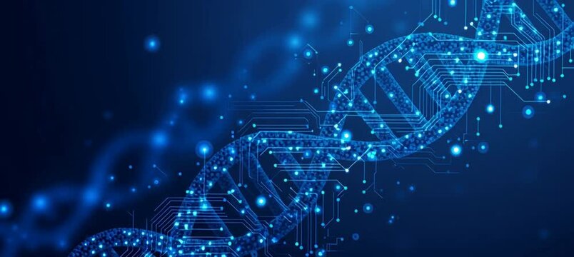blue and white background with digital technology, circuit board pattern, and dna helix for medical or scientific design concept of biotech research big data connection Generative AI