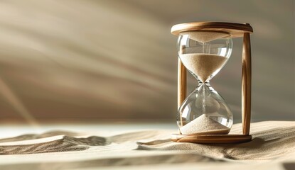 A beautifully crafted hourglass sits on a sandy surface, symbolizing the passage of time with soft, diffused lighting creating a serene atmosphere.