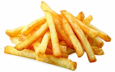 A pile of crispy golden French fries, perfectly fried and stacked, showcasing their delicious texture and color.