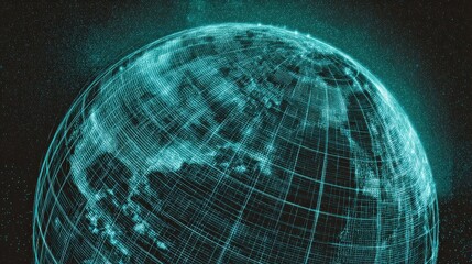 Digital twin globe wrapped in analytics grids, sci-fi illustration, teal blue colorway, holographic effect, global business insights