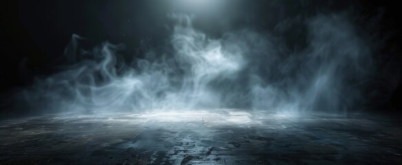 An ethereal scene featuring swirling mist and shadows, illuminated by a soft light, creating a mysterious and atmospheric ambiance.