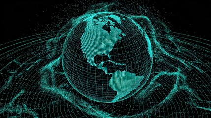 Digital twin globe wrapped in analytics grids, sci-fi illustration, teal blue colorway, holographic effect, global business insights
