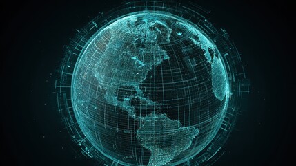 Digital twin globe wrapped in analytics grids, sci-fi illustration, teal blue colorway, holographic effect, global business insights